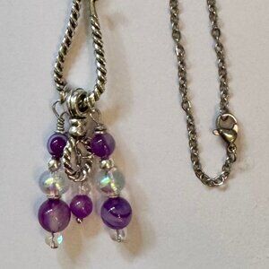 Necklace handmade 3 tier dangle silver tone purple & clear glass & beads OOAK